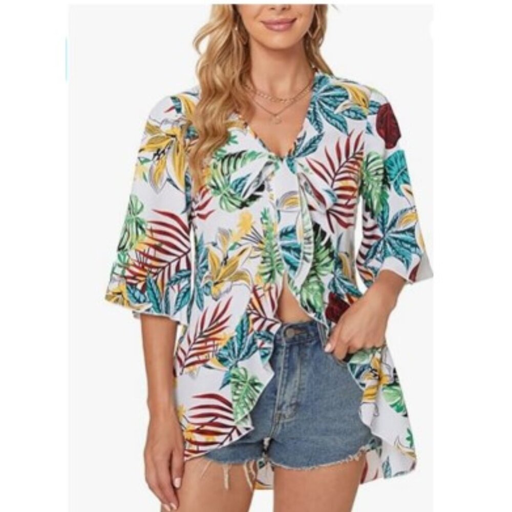 Tribear Women Floral Open Front Tie Knot Chiffon Top - NWT